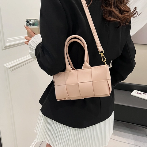 Damen Gewebte Handtasche PU Leder Kleine Quadratische Tasche Mit Verstellbarem Riemen Griff Umhängetasche Für Mode
