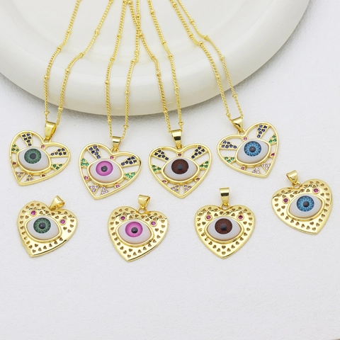Heart Evil Eye Pendant Hollow Copper Colorful Zircon Charm For DIY Necklace Making Bohemian Jewelry Accessories