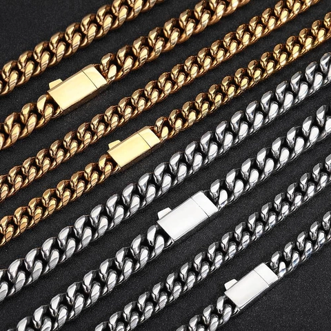 Collana e Bracciale a Maglia Cubana Hip Hop in Acciaio Inossidabile Oro Argento Lucido Gioielli Punk Street Style