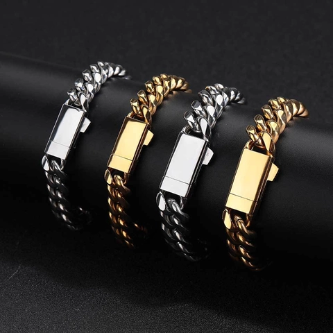 Collana e Bracciale a Maglia Cubana Hip Hop in Acciaio Inossidabile Oro Argento Lucido Gioielli Punk Street Style