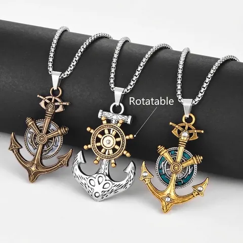 Retro Anchor Pendant Necklace With Rotatable Helm Nautical Punk Style Alloy Jewelry For Men