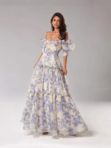 Off Shoulder Floral Maxi Kleid Organza Puffärmel Gestuftes Langes Kleid Vintage Korsett Rücken Party Bankett Für Frauen