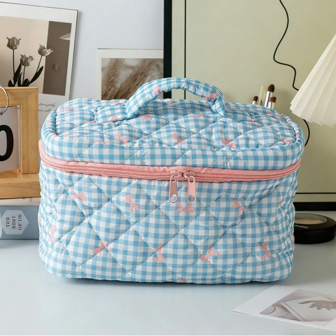 Trousse De Maquillage À Carreaux Matelassée Imprimé Nœud Grande Capacité Organisateur De Toilette Rangement Cosmétique Voyage