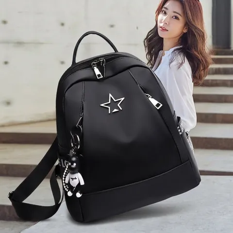 Women's Fashion Oxford Cloth Backpack Simple Solid Color Schoolbag For Students Waterproof Casual Travel Bag With Bear Charm