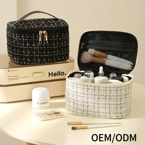 Neceser Elegante De Tweed Gran Capacidad Organizador Cosmético De Viaje Con Doble Cremallera Dorada Y Asa De PU