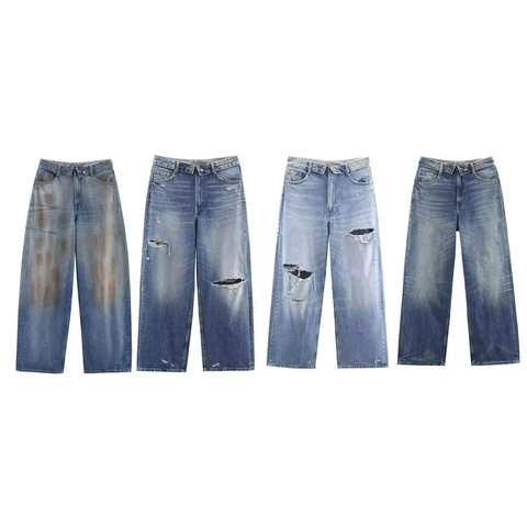Women Ripped Jeans Distressed Wide Leg Denim Pants Streetwear High Waist Retro Casual Loose Baggy Denim Trousers