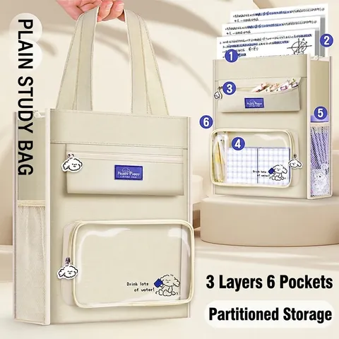 Large Capacity Canvas Handheld Tutoring Bag Waterproof Multi Pocket School Tote For Students Cute Cartoon Puppy