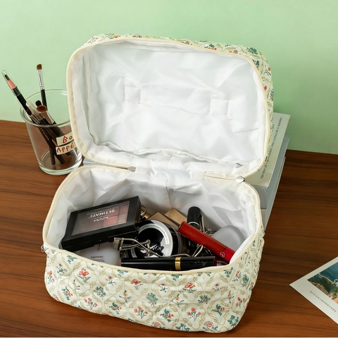 Borsa Da Trucco In Cotone Trapuntato A Fiori Vintage Grande Capacità Organizzatore Da Viaggio Per Donne