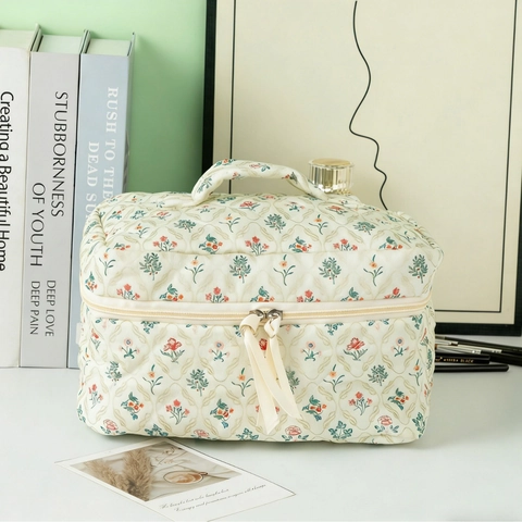 Borsa Da Trucco In Cotone Trapuntato A Fiori Vintage Grande Capacità Organizzatore Da Viaggio Per Donne