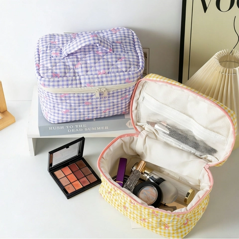Ensemble De Trousses À Maquillage En Coton Matelassé Avec Imprimé Nœud Et Motif À Carreaux Organisateur De Voyage Pour Femmes