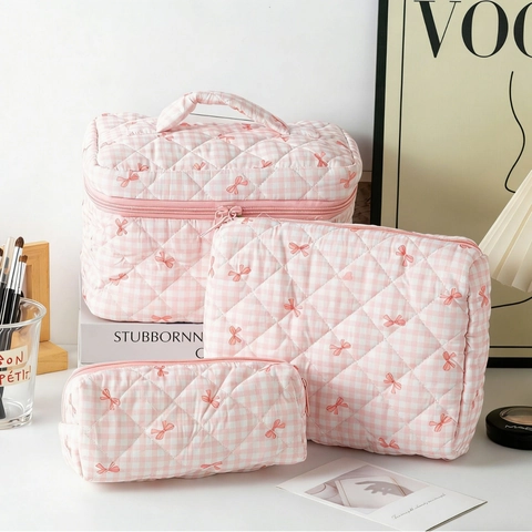 Gewatteerde Geruite Cosmetische Tas Handtas En Opbergtas Met Strik Zoet Katoen Polyester Toilettas Organizer Voor Dames