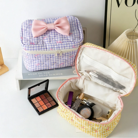 Gewatteerde Geruite Cosmetische Tas Handtas En Opbergtas Met Strik Zoet Katoen Polyester Toilettas Organizer Voor Dames