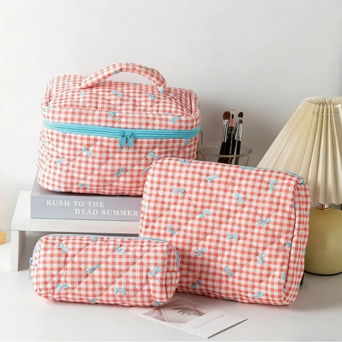 Gewatteerde Gingham Make-Up Tas Katoen Polyester Grote Capaciteit Reis Toilettas Zoete Strik Borduurwerk Voor Vrouwen