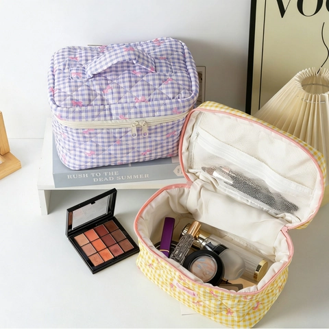 Gewatteerde Gingham Make-Up Tas Katoen Polyester Grote Capaciteit Reis Toilettas Zoete Strik Borduurwerk Voor Vrouwen