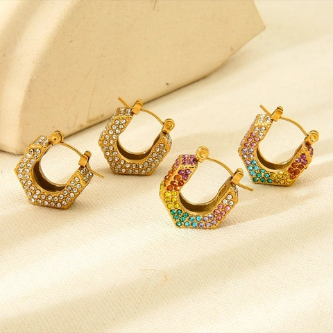 Luxury Stainless Steel Hexagon Hoop Earrings Gold Plated Geometric Rhinestone Huggie Earrings For Women Fashion Jewelry