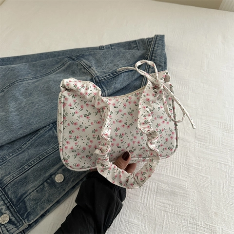 Borsa A Tracolla Sottobraccio In Tessuto Oxford A Fiori Con Manico Arricciato E Fiocco Decorativo Per Donna Estate