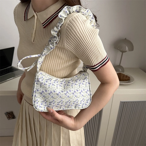 Borsa A Tracolla Sottobraccio In Tessuto Oxford A Fiori Con Manico Arricciato E Fiocco Decorativo Per Donna Estate
