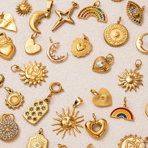 Stainless Steel Necklace Pendants Charms For DIY Jewelry Making Sun Moon Star Heart Evil Eye 18K Gold Plated Zircon Vintage