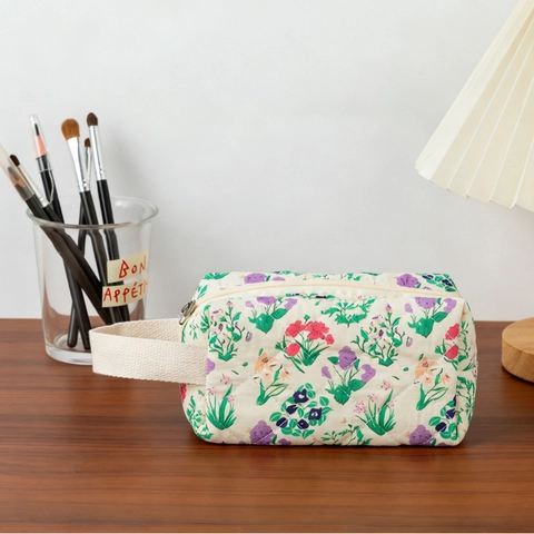 Trousse De Maquillage Matelassée À Fleurs En Coton Organisateur De Toilette Portable Sac À Main Rangement Cosmétique Femmes Voyage