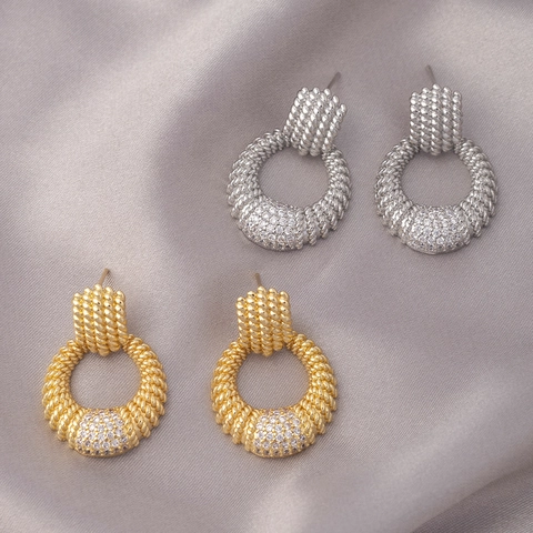 Orecchini A Cerchio Retrò In Rame Con Perno In Argento Sterling 925 Trama A Corda Intrecciata E Micro Zirconi Per Donna