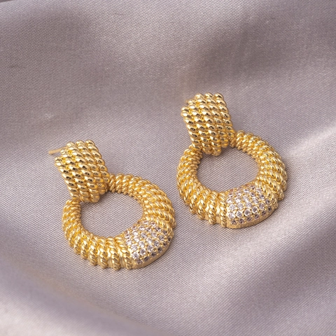 Orecchini A Cerchio Retrò In Rame Con Perno In Argento Sterling 925 Trama A Corda Intrecciata E Micro Zirconi Per Donna