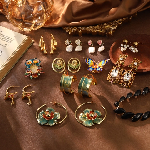 Vintage Enamel Jewelry Collection Copper Gold Plated With 925 Sterling Silver Earring Post Baroque Style For Women