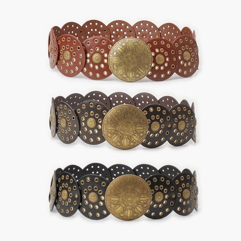 Women Wide Waist Belt Vintage Western Cowboy Style Embossed Metal Buckle Hollow Out PU Leather Round Patch Decorative