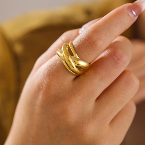 Vintage Titanstahl Unregelmäßiger Verflochtener Wickelring 18K Vergoldet Minimalistischer Mehrlagiger Breiter Ring Für Damen Schmuck