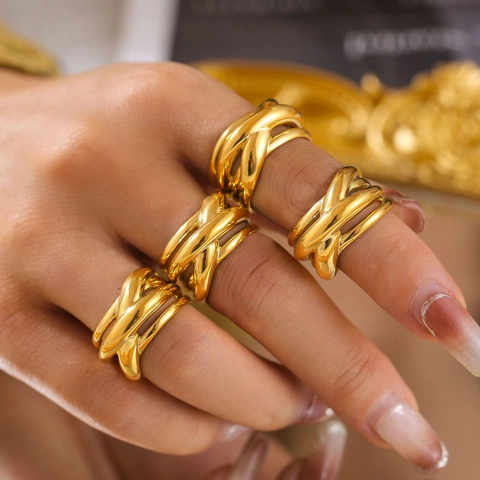 Vintage Titanstahl Unregelmäßiger Verflochtener Wickelring 18K Vergoldet Minimalistischer Mehrlagiger Breiter Ring Für Damen Schmuck
