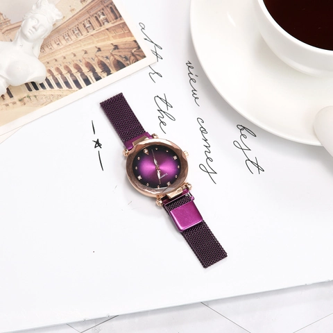 Women Quartz Watch Gradient Cat Eye Dial Milanese Mesh Magnetic Strap Elegant Rose Gold Alloy Case Rhinestone Wristwatch