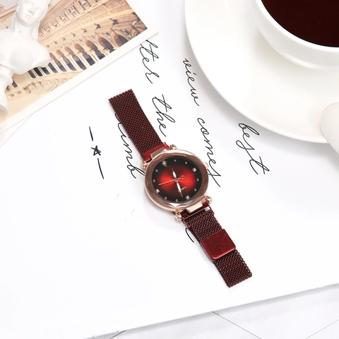 Women Quartz Watch Gradient Cat Eye Dial Milanese Mesh Magnetic Strap Elegant Rose Gold Alloy Case Rhinestone Wristwatch