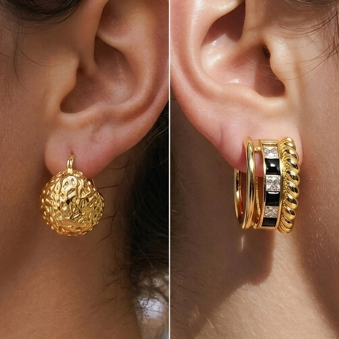 Orecchini a Cerchio in Ottone Vintage per Donna Con Zirconia Texture Martellata Minimalista Gioielli di Moda Placcati Oro