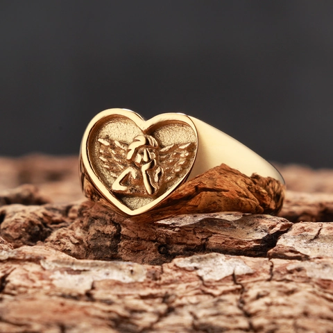 Angel Relief Heart Signet Ring Stainless Steel Gold Plated Vintage Retro Polished Jewelry For Women Men