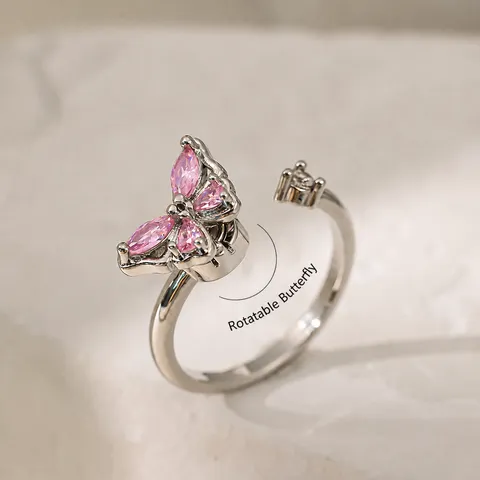 Versilberter Kupferring Verstellbar Damen Rosa Zirkon Schmetterling Herz Drehbarer Fidget Schmuck Fingerring Geschenk