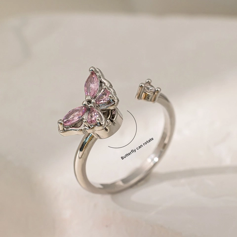 Silver Color Copper Adjustable Ring For Women Pink Zircon Butterfly Heart Rotatable Fidget Jewelry Finger Accessory Gift