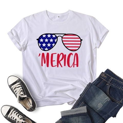 Women Merica Sunglasses American Flag Print T-Shirt Polyester Cotton Short Sleeve Crew Neck Loose Casual Tops