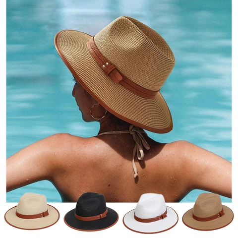 Straw Fedora Sun Hat For Women Wide Brim Breathable Summer Beach Travel Vacation With Leather Belt Trim Rivet Decor