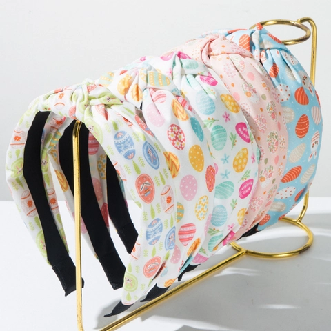 Easter Knotted Headband Fabric Egg Rabbit Print Wide Hair Hoop Holiday Party Accessories For Women