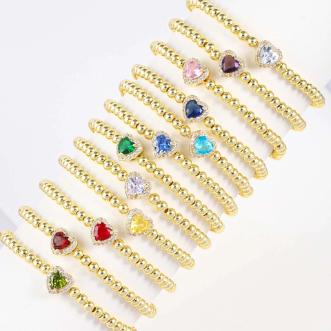 Bracciale A Perline Con Pendente A Cuore Rame Placcato Oro 18K Zircone Colorato Gioielli Pietra Portafortuna Per Donne Elegante