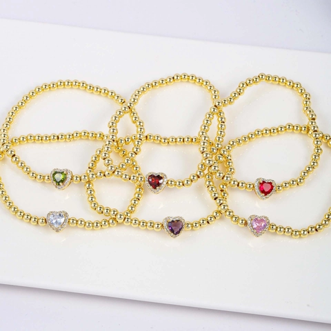 Bracciale A Perline Con Pendente A Cuore Rame Placcato Oro 18K Zircone Colorato Gioielli Pietra Portafortuna Per Donne Elegante
