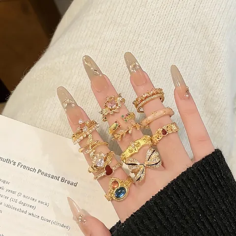Anelli Aperti In Rame Vintage Stile Barocco Regolabile Placcato Oro Zircone Perla Artificial Floreale Cuore Farfalla Gioielli Per Donna