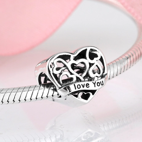 Perle Charm Coeur Argent Sterling 925 Ajouré Gravé I Love You Accessoire Bracelet DIY Création Bijoux