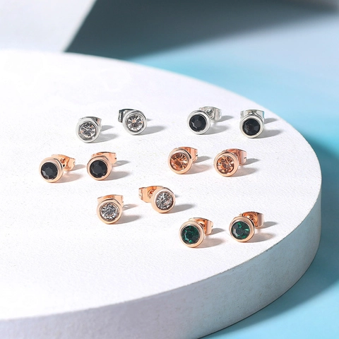 Round Cubic Zirconia Stud Earrings Copper Bezel Set Minimalist Tiny Colorful Jewelry Birthday Gift For Women