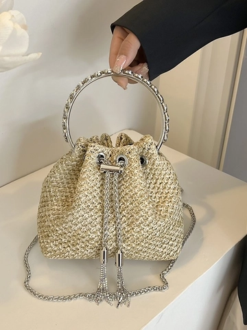 Damen Sommer Mode Stroh Gewebte Beuteltasche Strass Metall Ring Griff Quaste Dekor Crossbody Umhängetasche