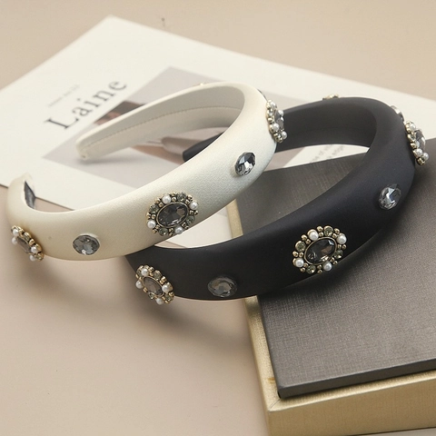 Cerchietto Imbottito Retrò Tessuto Satinato Con Strass Perla Artificial Sintetica Fatto A Mano Elegante Lusso Fascia Capelli