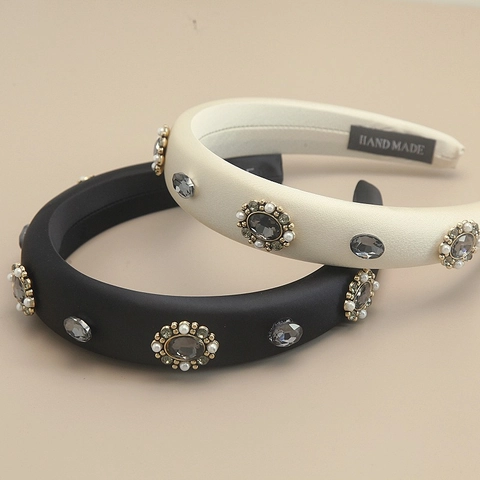 Cerchietto Imbottito Retrò Tessuto Satinato Con Strass Perla Artificial Sintetica Fatto A Mano Elegante Lusso Fascia Capelli