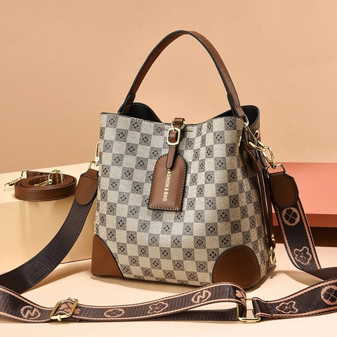 Bolso Cubo A Cuadros Vintage Cuero PVC Gran Capacidad Color Contraste Correa Ancha Para Hombro Estampado Floral Bolso Moda