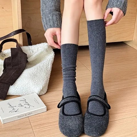Women Wool Blend Calf Socks Thickened Warm Ribbed Knit Slouch Socks Korean Style Solid Color Winter Autumn Daily Wear