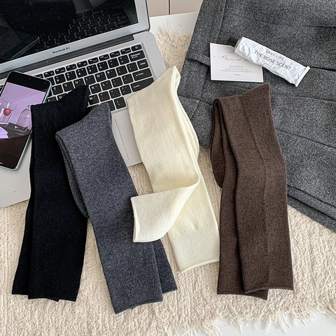Women Wool Blend Calf Socks Thickened Warm Ribbed Knit Slouch Socks Korean Style Solid Color Winter Autumn Daily Wear