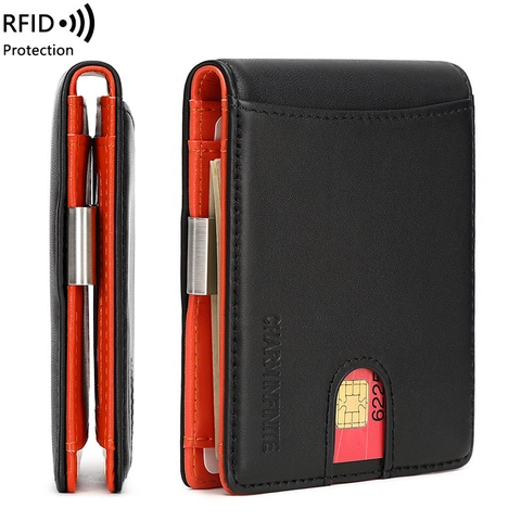 Minimalist Men Genuine Cowhide Leather Wallet RFID Blocking Slim Bifold Card Holder With Metal Money Clip Business Casual